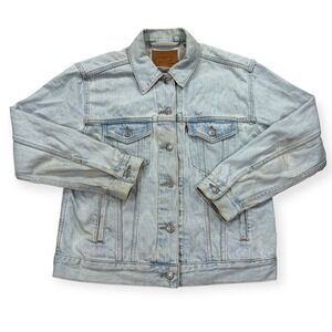 Levi's Premium Trucker Jacket Women's Small Blue Light Wash Button Up Distressed